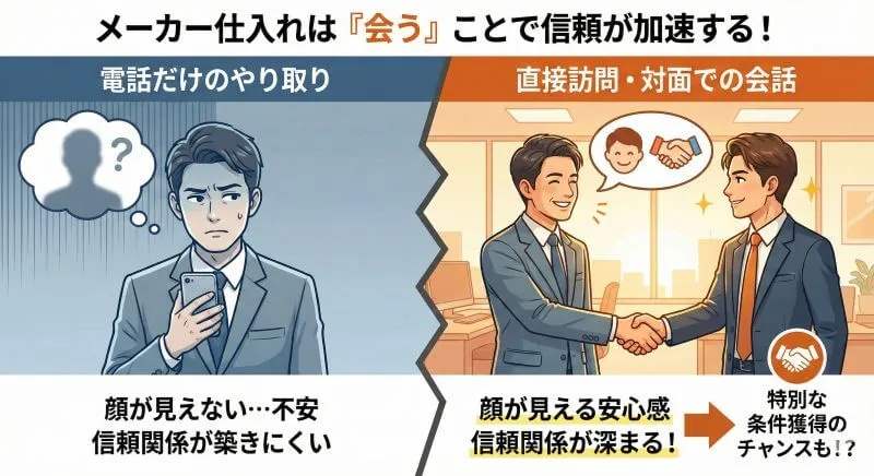 メーカーと直接会うことで信頼が加速する