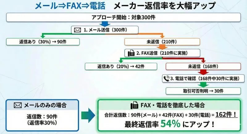 メーカーへのアプローチを徹底することで返信率が大幅改善